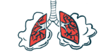 A pair of lungs are shown struggling to breathe.