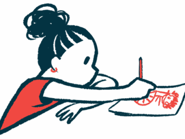 A girl sitting at a desk is shown drawing on a piece of paper.