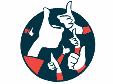 Hands flash the thumbs-up signal from within a black circle.