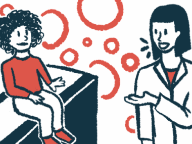 A clinician gestures while speaking with a child sitting on an examining table.