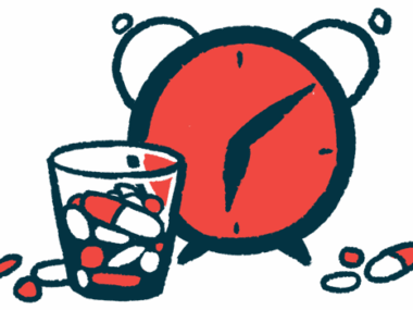 Illustration of pills in a glass beside an alarm clock.