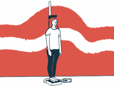 A woman is shown standing on a scale to determine her weight.