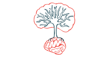 In this illustration of brain growth, a tree is seen growing from the top of a human brain.