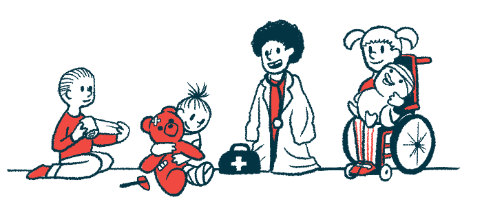 A doctor stands next to children playing with plush toys.