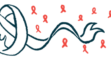 A large awareness ribbon is seen against a backdrop of smaller red ribbons.
