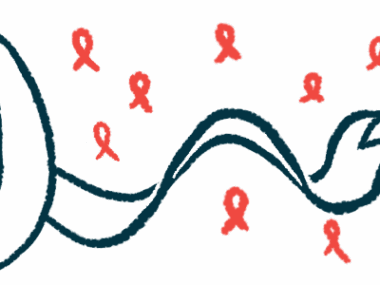 A large awareness ribbon is seen against a backdrop of smaller red ribbons.