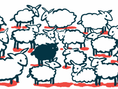 A single black sheep is shown standing in a group of white sheep.
