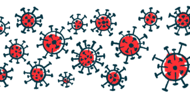 An illustration shows an image of a coronavirus.