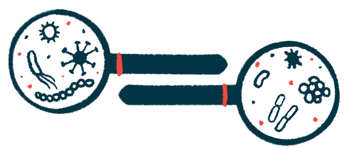 Bacteria are visible under two magnifying glasses.