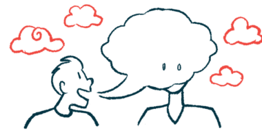 An illustration shows a person's breath as a cloud enveloping another person.