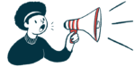 An illustration of a person yelling into a bullhorn making an announcement.