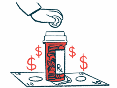 A hand is seen placing a coin in a prescription bottle filled with coins that is sitting atop a bill and surrounded by dollar signs.
