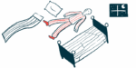 A man floats upward with his bed, pillow, and bed cover.