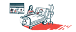 An illustration shows a child sitting up in a hospital bed, with an adult standing next to them.