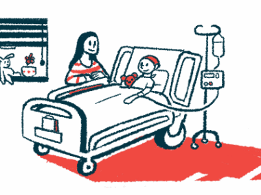 An illustration shows a child sitting up in a hospital bed, with an adult standing next to them.
