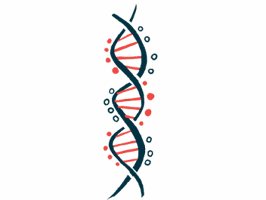 A close-up illustration of a strand of DNA highlights its ribbon-like structure.