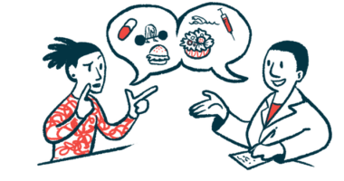 A patient and doctor are shown talking, with pictures of various foods and medications in a conversation bubble.