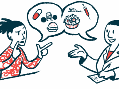 A patient and doctor are shown talking, with pictures of various foods and medications in a conversation bubble.