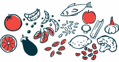 Components of a varied diet, such as fruits and vegetables, beans, and fish, are shown.