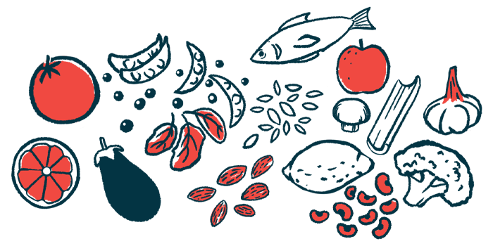 Components of a varied diet, such as fruits and vegetables, beans, and fish, are shown.