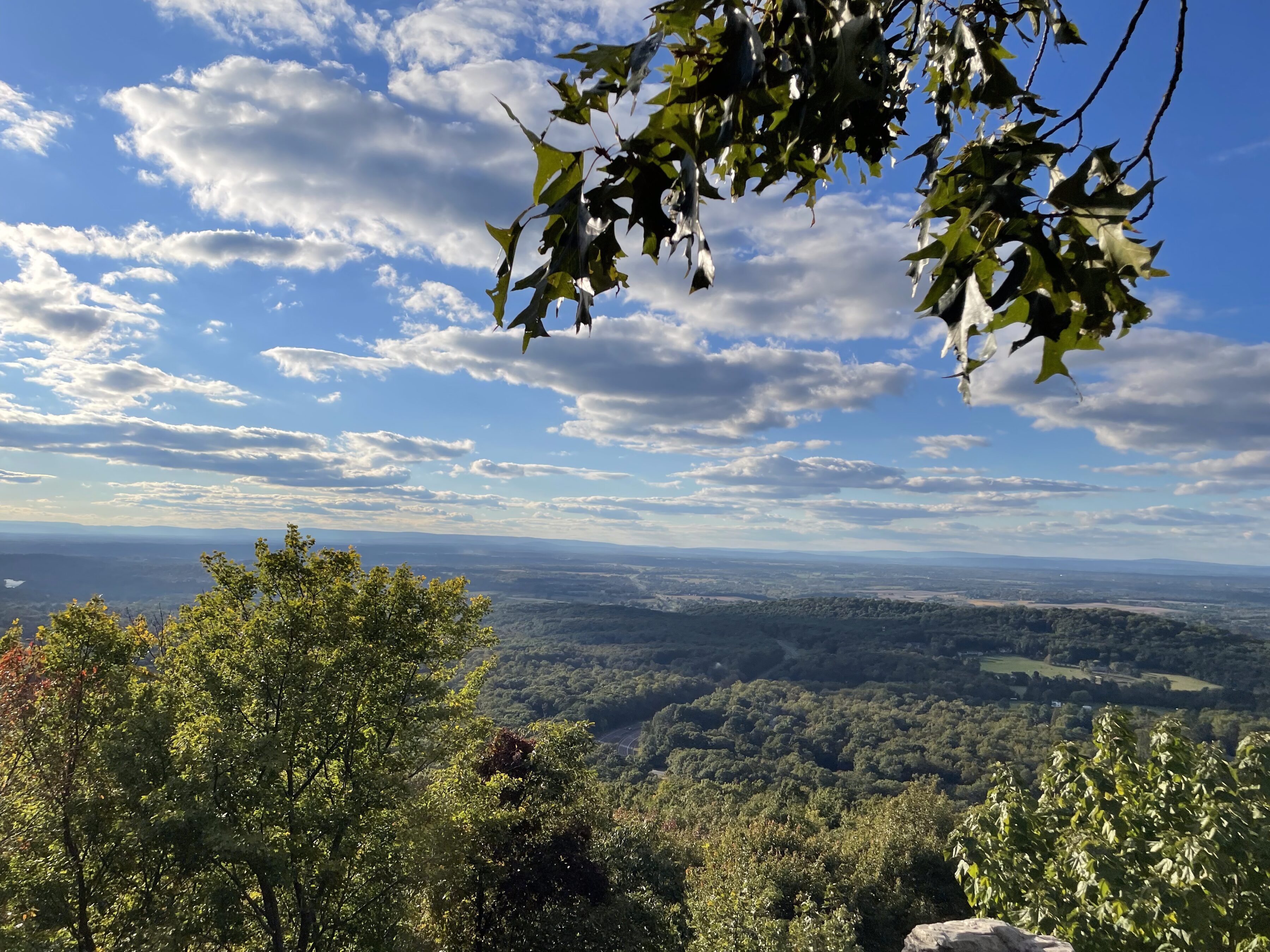 An expanse of greenery lies below, under a sprawling blue sky with clouds.