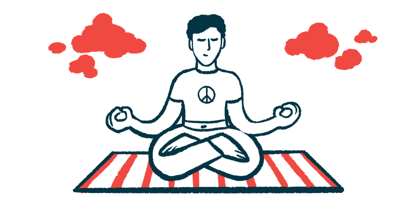 A person wearing a shirt with a peace sign on the chest is seen cross-legged in meditation.