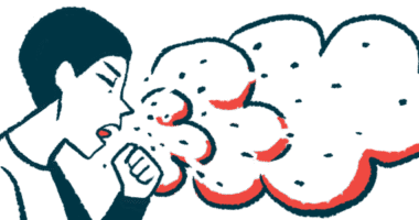 A person coughs out a cloud of irritants in this illustration of air pollution.