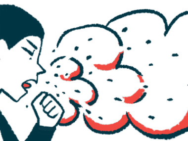 A person coughs out a cloud of irritants in this illustration of air pollution.