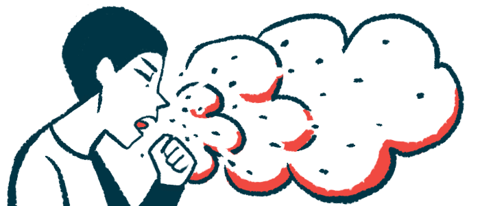 A person coughs out a cloud of irritants in this illustration of air pollution.