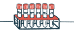 A rack of six clear vials with red caps.