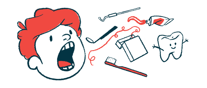 A youngster's head is shown with their mouth open next to a collection of dental care tools and items and a tooth with human features.