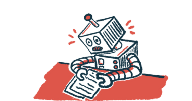 A robot sits at a desk looking at a paper.