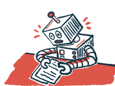 A robot sits at a desk looking at a paper.